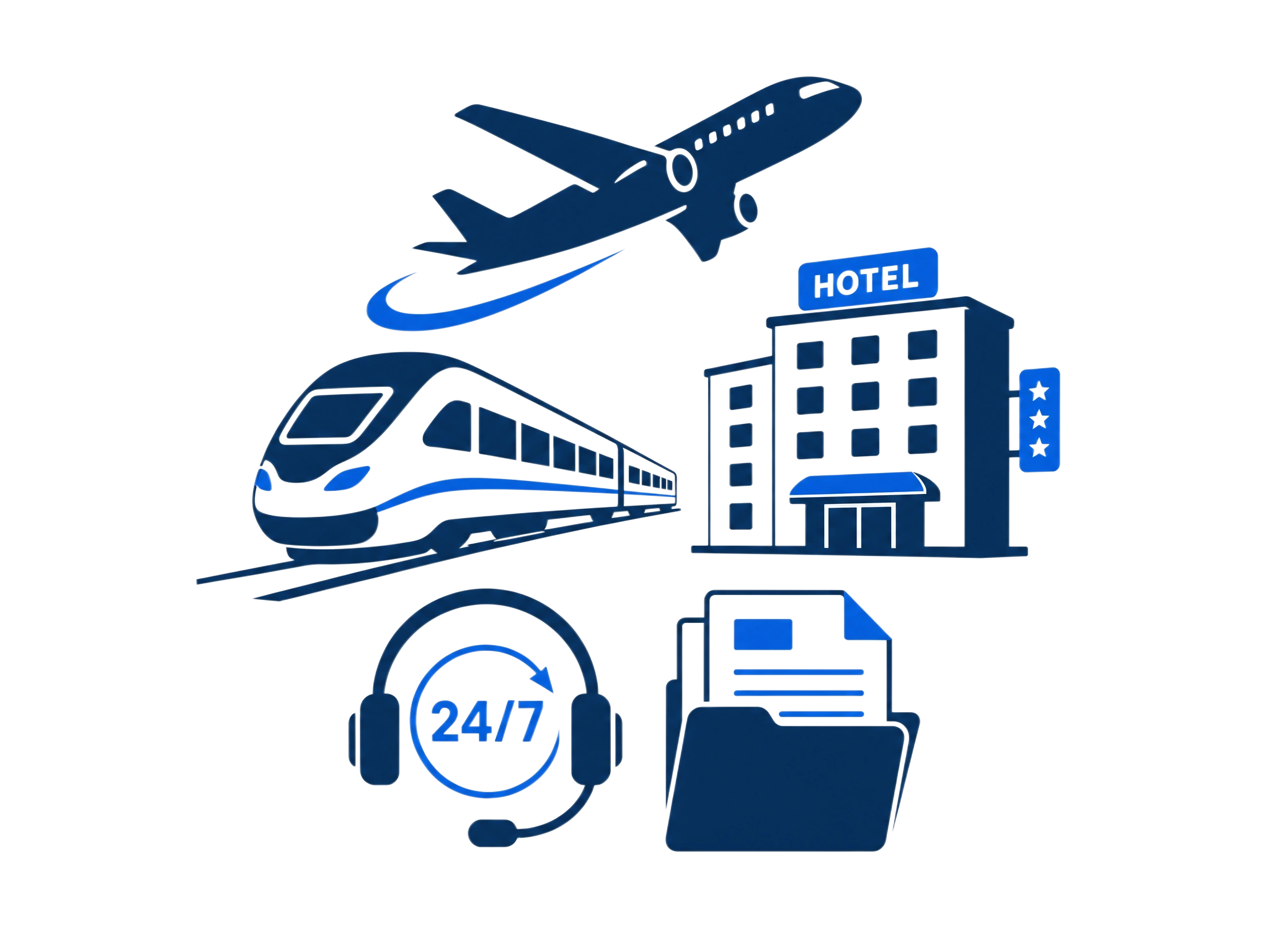 Иконки услуг EcoTravelSystem: авиа, ж/д, отель, поддержка 24/7